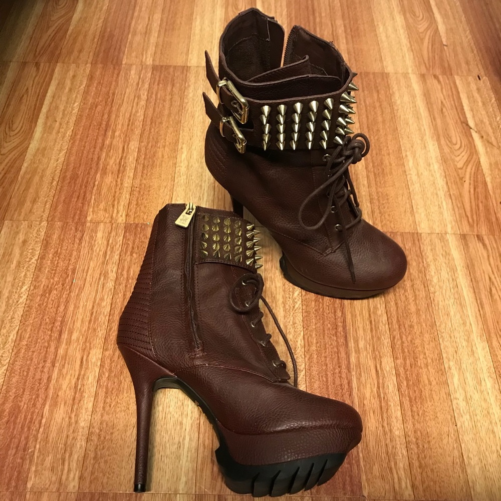 Brown Studded Lace up/Zip Heeled Booties